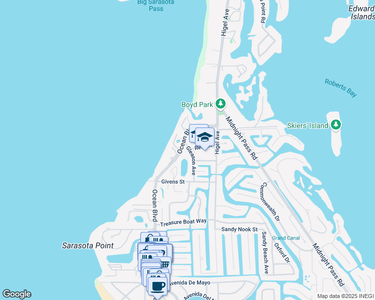 map of restaurants, bars, coffee shops, grocery stores, and more near 4615 Ocean Boulevard in Siesta Key