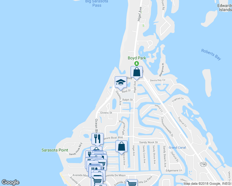 map of restaurants, bars, coffee shops, grocery stores, and more near 4615 Ocean Boulevard in Siesta Key
