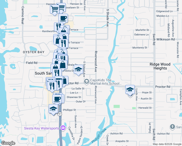 map of restaurants, bars, coffee shops, grocery stores, and more near 2304 Fiesta Drive in Sarasota