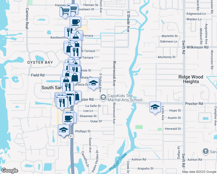 map of restaurants, bars, coffee shops, grocery stores, and more near 2304 Fiesta Drive in Sarasota