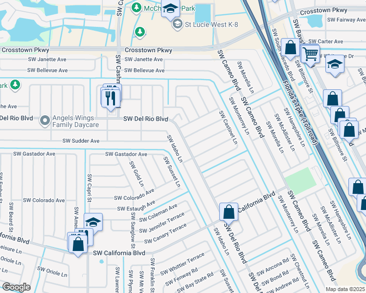 map of restaurants, bars, coffee shops, grocery stores, and more near 1118 Southwest Del Rio Boulevard in Port St. Lucie