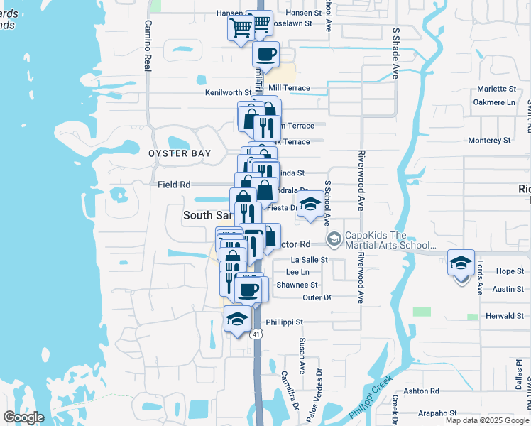 map of restaurants, bars, coffee shops, grocery stores, and more near 4625 South Tamiami Trail in Sarasota