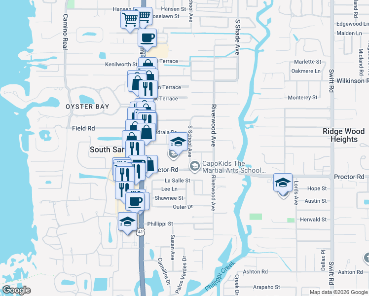 map of restaurants, bars, coffee shops, grocery stores, and more near 2160 Fiesta Drive in Sarasota