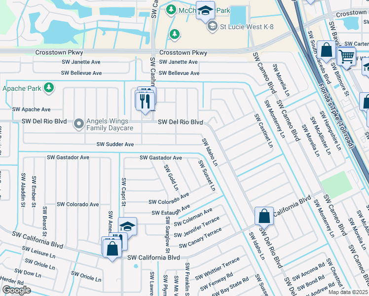 map of restaurants, bars, coffee shops, grocery stores, and more near 1072 Southwest Sudder Avenue in Port St. Lucie
