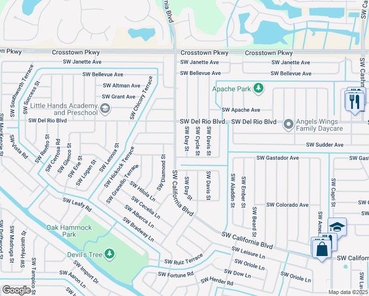 map of restaurants, bars, coffee shops, grocery stores, and more near 1866 SW Day St in Port St Lucie