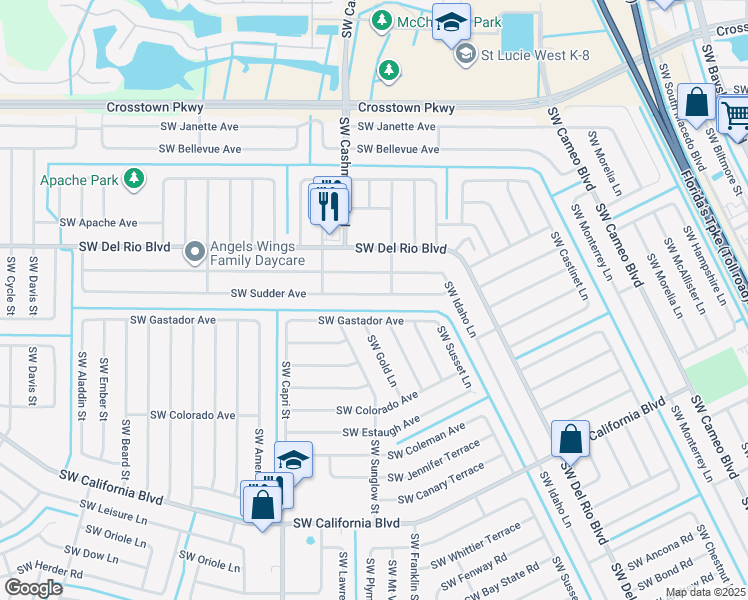 map of restaurants, bars, coffee shops, grocery stores, and more near 1118 Southwest Sudder Avenue in Port St. Lucie