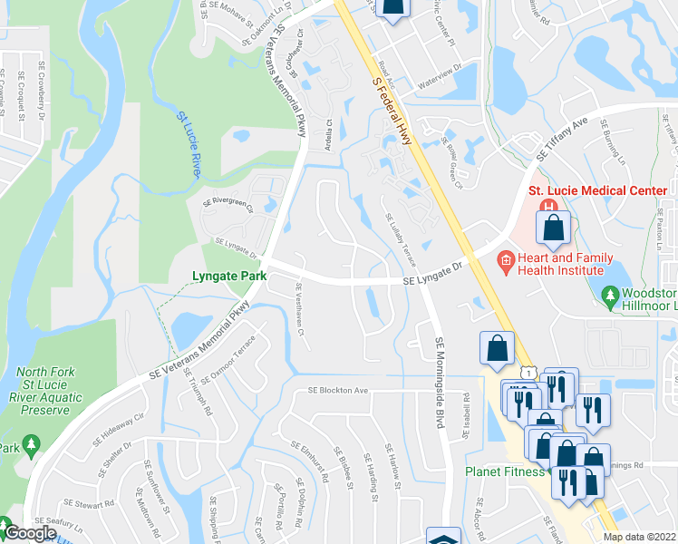 map of restaurants, bars, coffee shops, grocery stores, and more near 1512 Southeast Outwood Court in Port St. Lucie