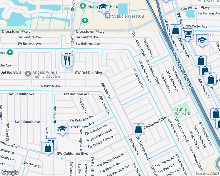 map of restaurants, bars, coffee shops, grocery stores, and more near 1122 Southwest Del Rio Boulevard in Port St. Lucie