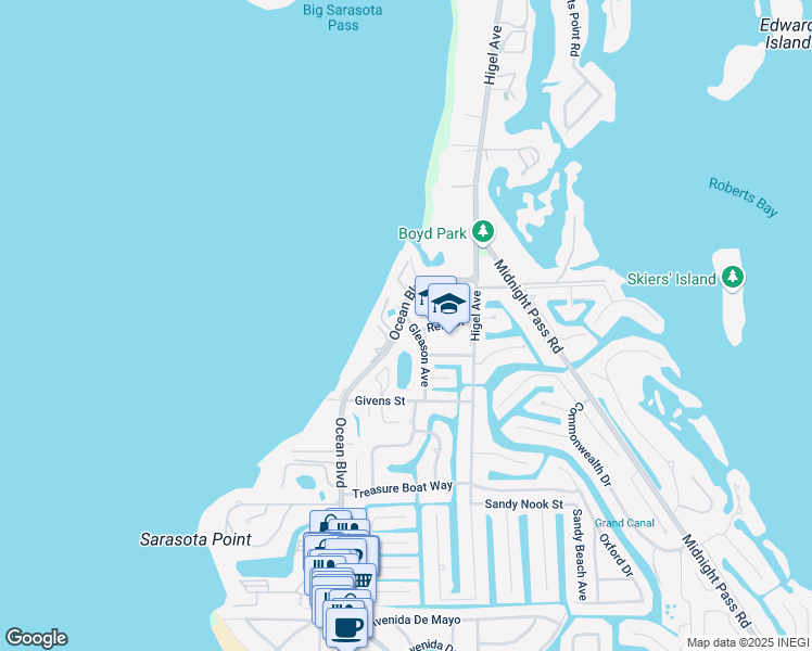 map of restaurants, bars, coffee shops, grocery stores, and more near 4615 Ocean Boulevard in Siesta Key