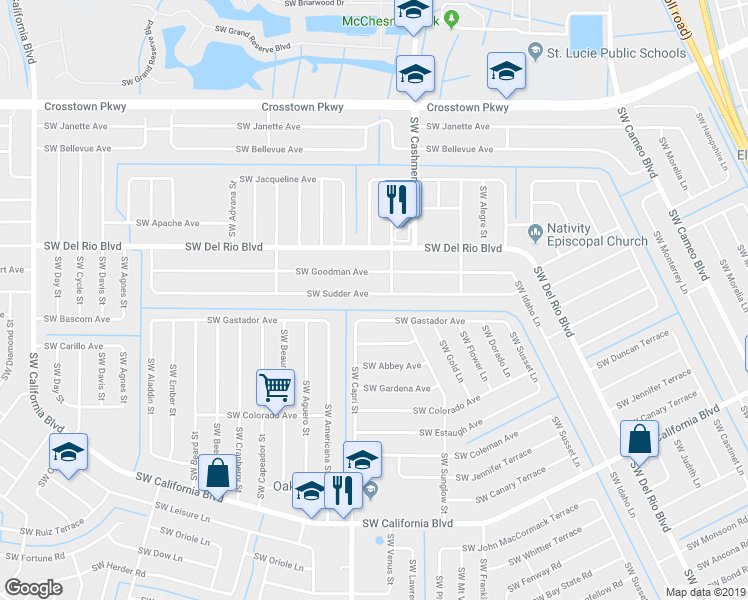 map of restaurants, bars, coffee shops, grocery stores, and more near 1222 Southwest Sudder Avenue in Port St. Lucie