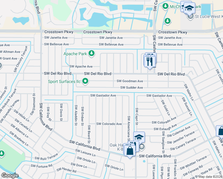 map of restaurants, bars, coffee shops, grocery stores, and more near 1402 Southwest Sudder Avenue in Port St. Lucie