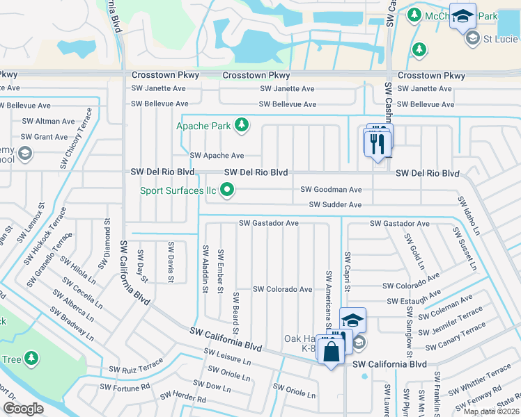 map of restaurants, bars, coffee shops, grocery stores, and more near 1430 Southwest Sudder Avenue in Port St. Lucie