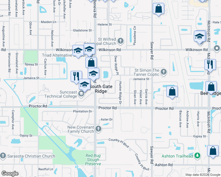 map of restaurants, bars, coffee shops, grocery stores, and more near 4637 Maceachen Boulevard in Sarasota
