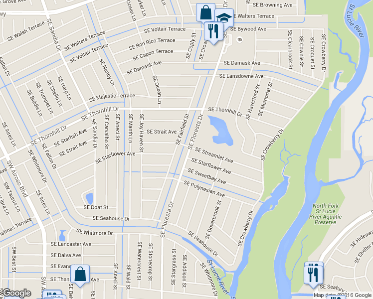 map of restaurants, bars, coffee shops, grocery stores, and more near 1802 Southeast Floresta Drive in Port St. Lucie