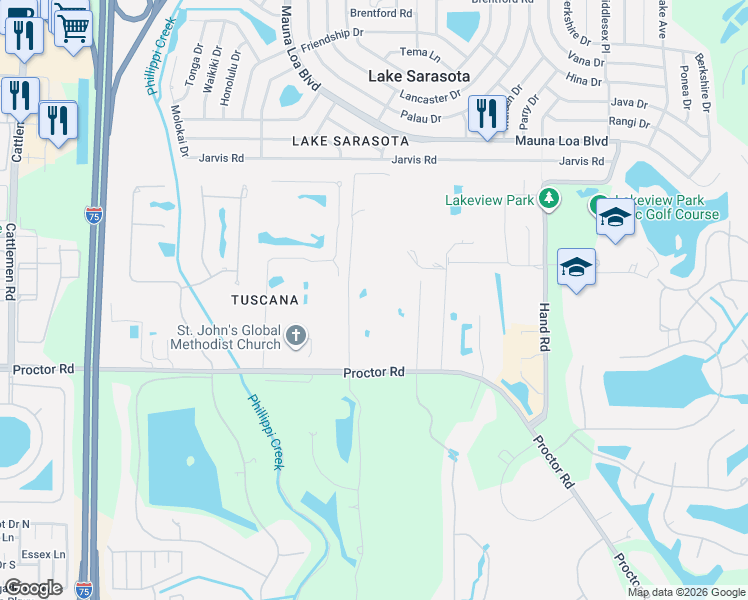 map of restaurants, bars, coffee shops, grocery stores, and more near 4645 Hackamore Road in Sarasota
