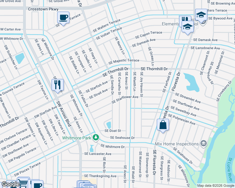 map of restaurants, bars, coffee shops, grocery stores, and more near 1832 SE Carvalho St in Port St Lucie