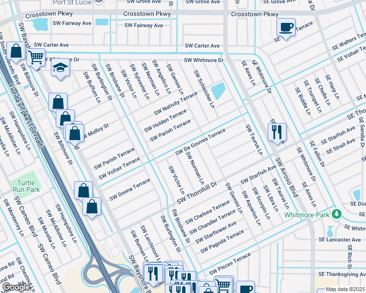 map of restaurants, bars, coffee shops, grocery stores, and more near 229 Southwest De Gouvea Terrace in Port St. Lucie