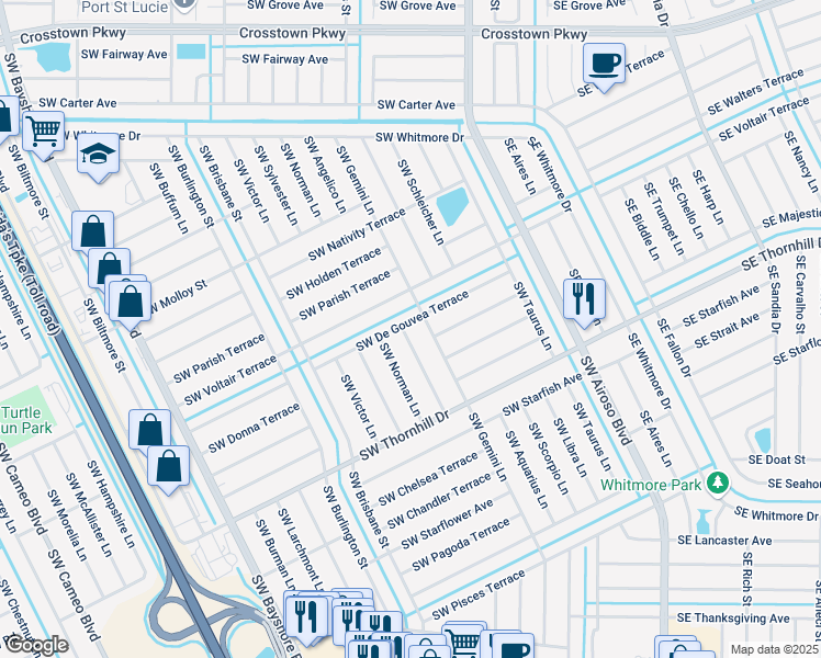 map of restaurants, bars, coffee shops, grocery stores, and more near 1801 Southwest Angelico Lane in Port St. Lucie