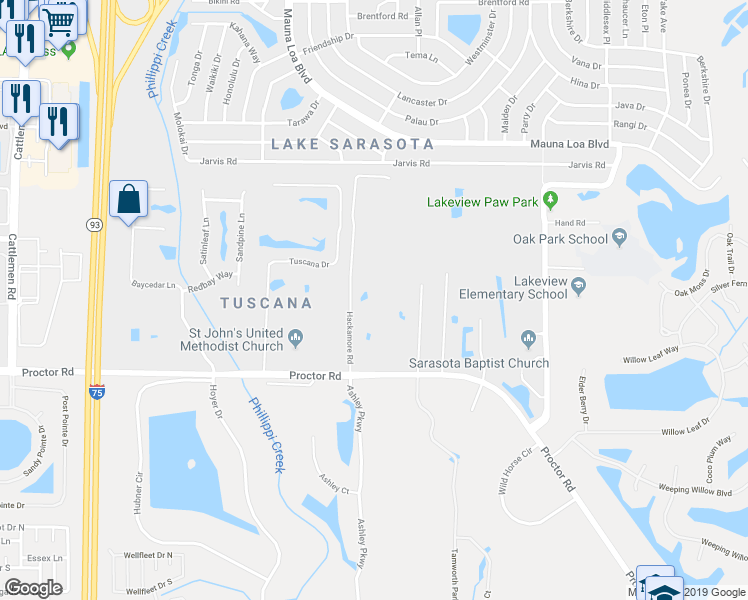map of restaurants, bars, coffee shops, grocery stores, and more near 4645 Hackamore Road in Sarasota