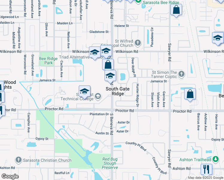 map of restaurants, bars, coffee shops, grocery stores, and more near in South Gate Ridge