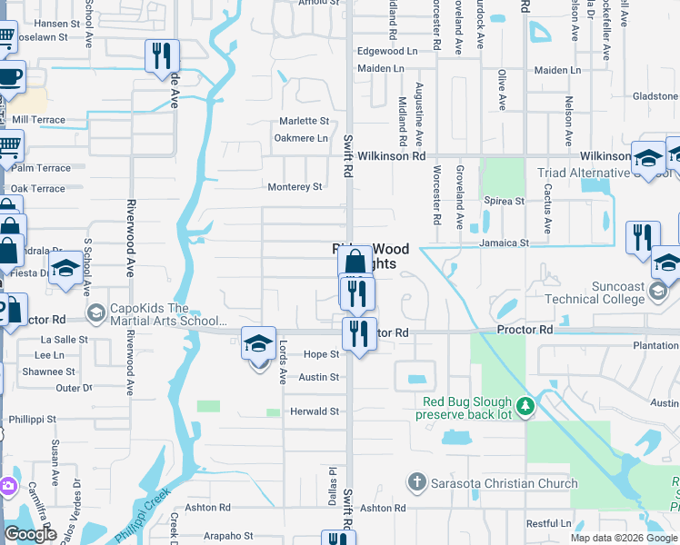 map of restaurants, bars, coffee shops, grocery stores, and more near 2745 Dueby Street in Sarasota