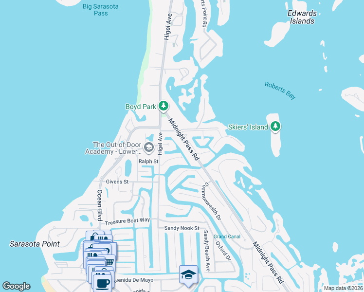 map of restaurants, bars, coffee shops, grocery stores, and more near 4526 Woodside Road in Siesta Key