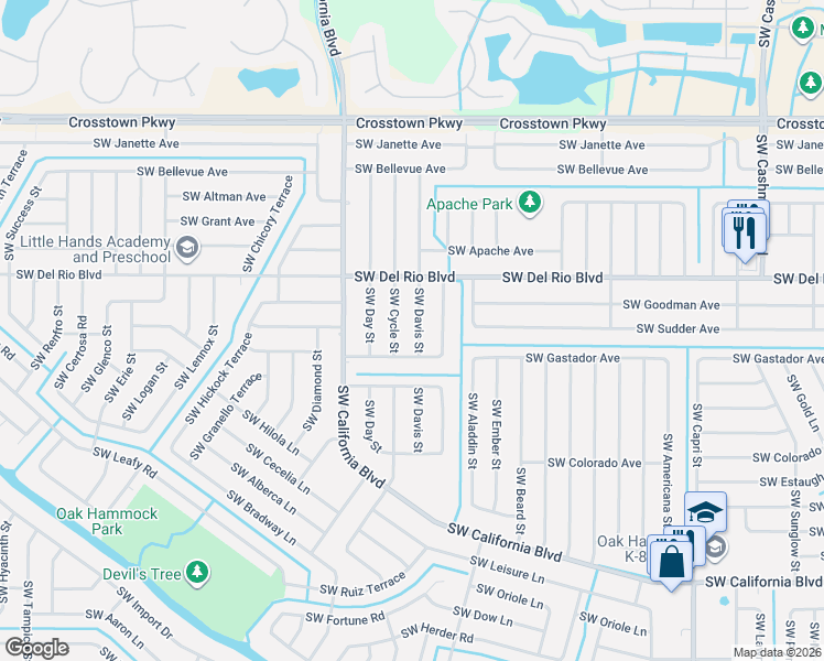 map of restaurants, bars, coffee shops, grocery stores, and more near 1866 Southwest Davis Street in Port St. Lucie