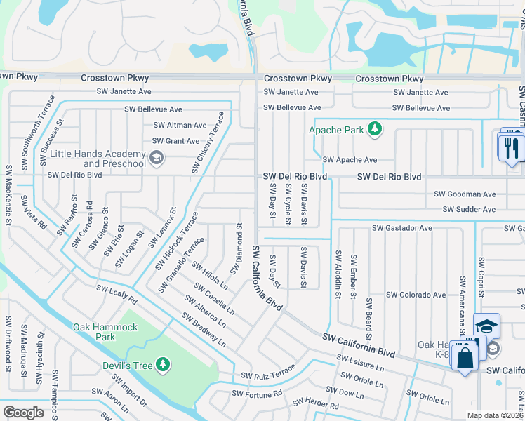map of restaurants, bars, coffee shops, grocery stores, and more near 1866 Southwest Day Street in Port St. Lucie
