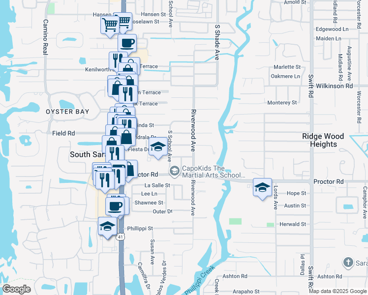 map of restaurants, bars, coffee shops, grocery stores, and more near 2304 Fiesta Drive in Sarasota