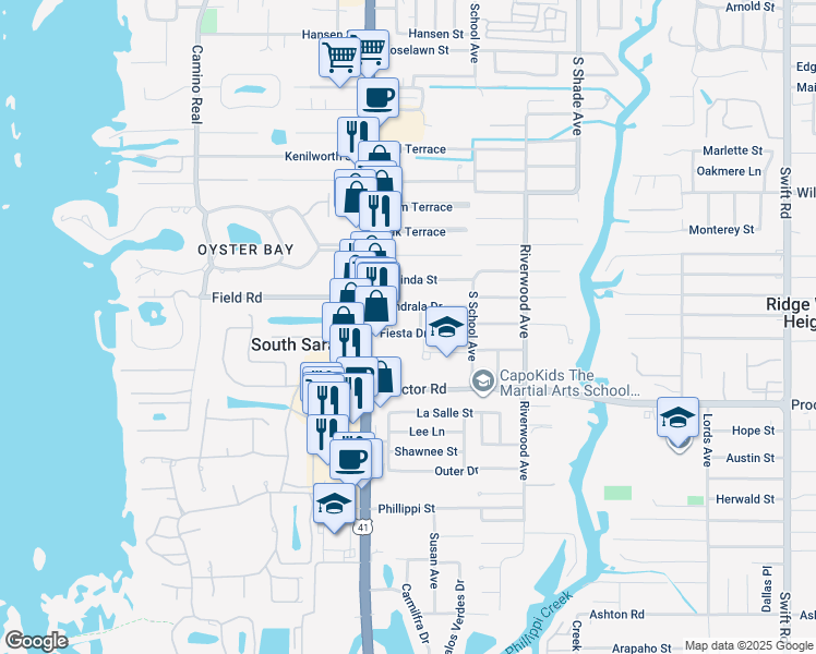 map of restaurants, bars, coffee shops, grocery stores, and more near 2053 Fiesta Drive in Sarasota