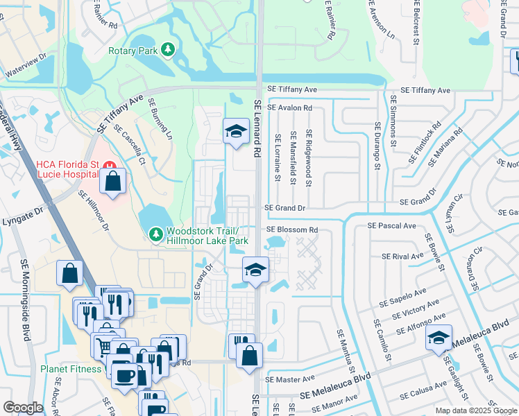map of restaurants, bars, coffee shops, grocery stores, and more near SE Lennard Rd & SE Grand Dr in Port St. Lucie