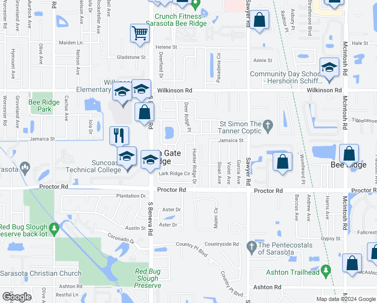 map of restaurants, bars, coffee shops, grocery stores, and more near 3750 Mundy Ridge Drive in Sarasota