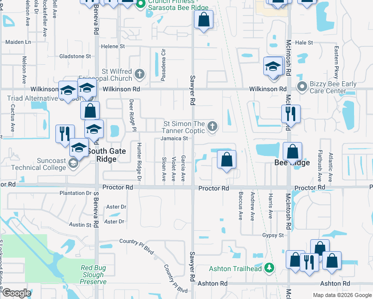 map of restaurants, bars, coffee shops, grocery stores, and more near 4625 Garcia Avenue in Sarasota