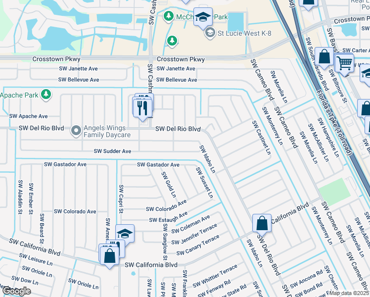 map of restaurants, bars, coffee shops, grocery stores, and more near 1072 Southwest Sudder Avenue in Port St. Lucie