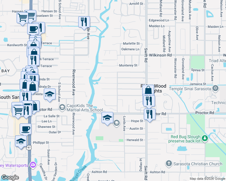map of restaurants, bars, coffee shops, grocery stores, and more near 2535 Riverview Court in Sarasota