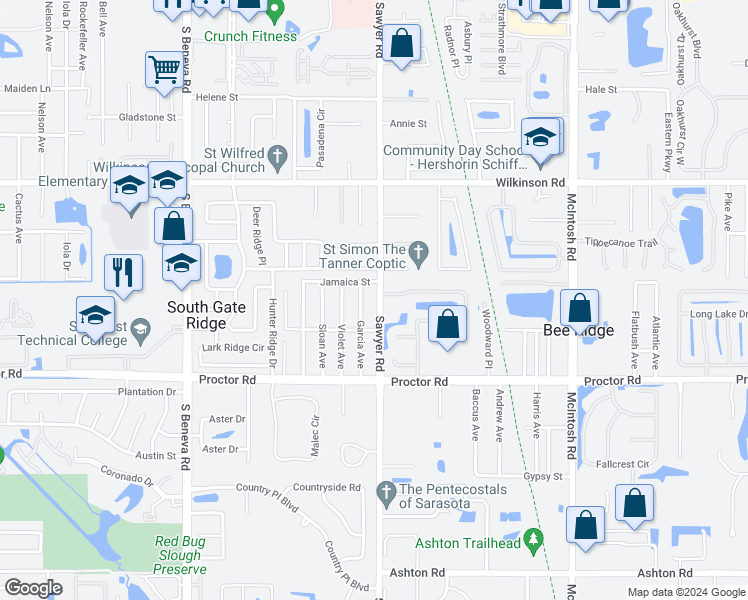map of restaurants, bars, coffee shops, grocery stores, and more near 4626 Sawyer Road in Sarasota