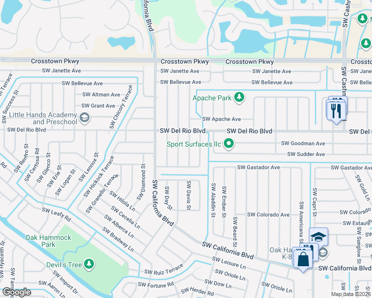map of restaurants, bars, coffee shops, grocery stores, and more near 1866 Southwest Davis Street in Port St. Lucie