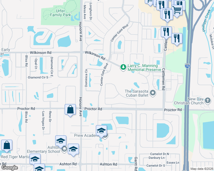 map of restaurants, bars, coffee shops, grocery stores, and more near 5612 Eastwind Drive in Sarasota