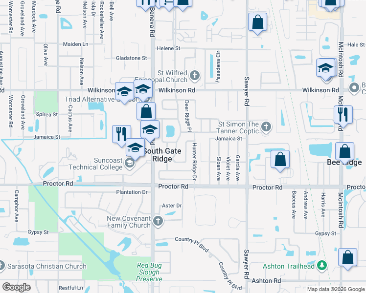 map of restaurants, bars, coffee shops, grocery stores, and more near 4637 Maceachen Boulevard in Sarasota