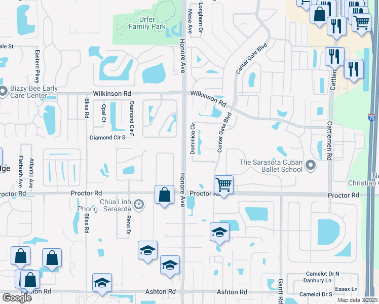map of restaurants, bars, coffee shops, grocery stores, and more near 5370 Dominica Circle in Sarasota
