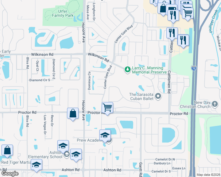 map of restaurants, bars, coffee shops, grocery stores, and more near 5612 Eastwind Drive in Sarasota