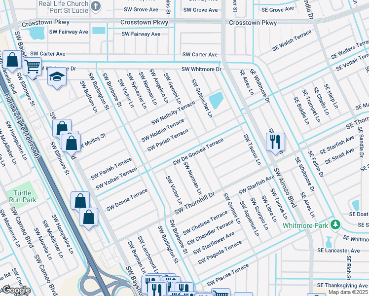 map of restaurants, bars, coffee shops, grocery stores, and more near 229 Southwest De Gouvea Terrace in Port St. Lucie