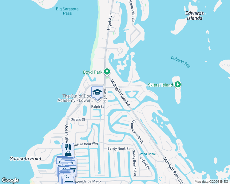map of restaurants, bars, coffee shops, grocery stores, and more near 4526 Woodside Road in Siesta Key