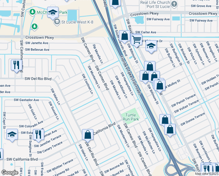 map of restaurants, bars, coffee shops, grocery stores, and more near 1817 Southwest Cameo Boulevard in Port St. Lucie