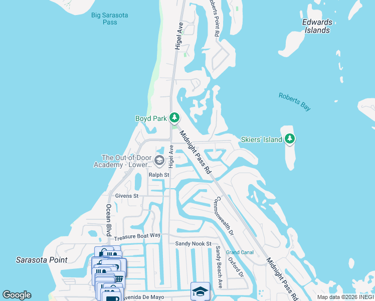 map of restaurants, bars, coffee shops, grocery stores, and more near 4526 Woodside Road in Siesta Key
