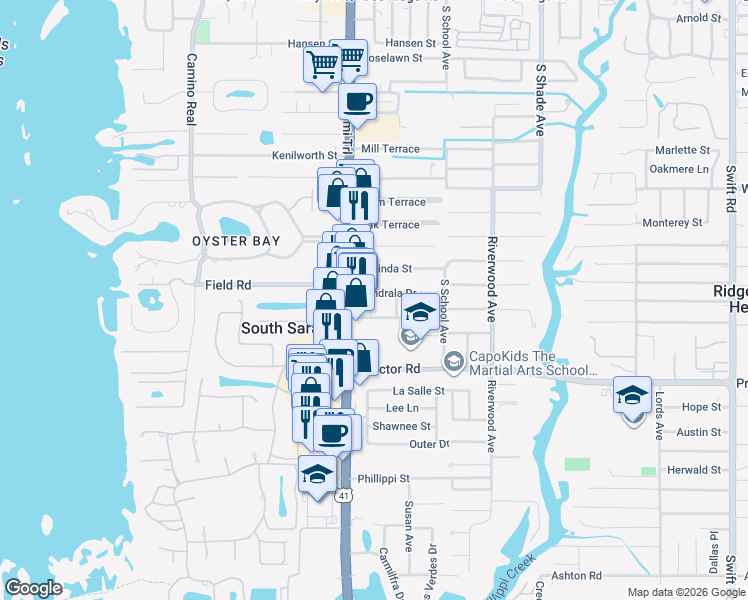 map of restaurants, bars, coffee shops, grocery stores, and more near 4625 South Tamiami Trail in Sarasota