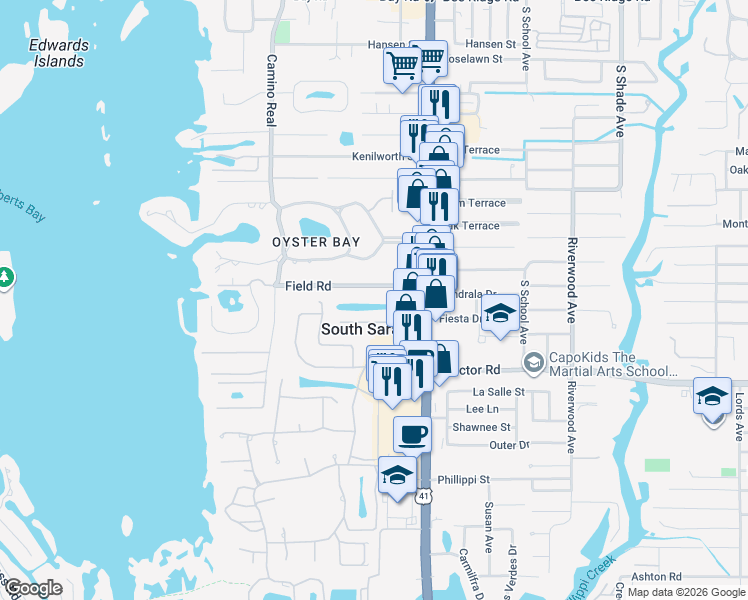 map of restaurants, bars, coffee shops, grocery stores, and more near 1801 Field Road in Sarasota