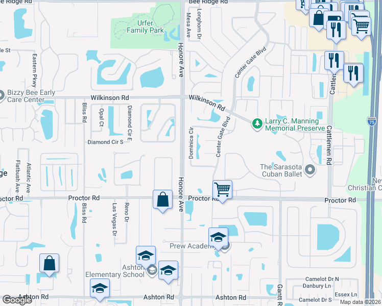 map of restaurants, bars, coffee shops, grocery stores, and more near 5374 Dominica Circle in Sarasota