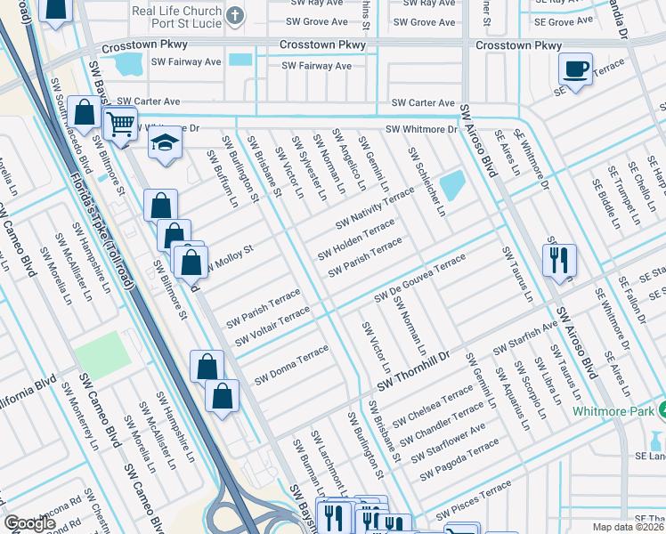 map of restaurants, bars, coffee shops, grocery stores, and more near 291 Southwest Holden Terrace in Port St. Lucie