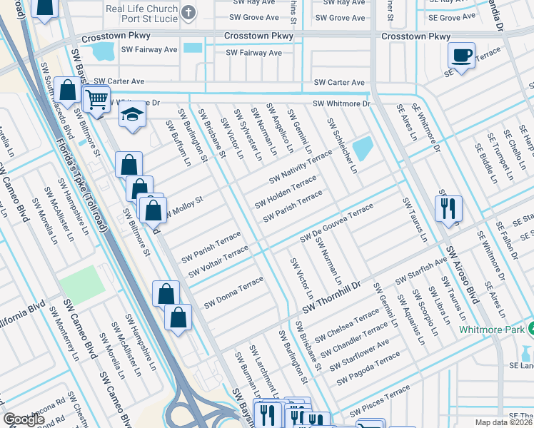map of restaurants, bars, coffee shops, grocery stores, and more near 291 Southwest Holden Terrace in Port St. Lucie